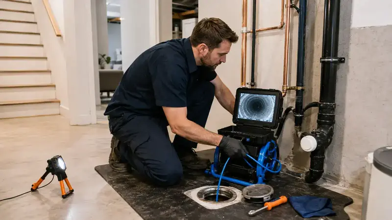 Laval plumber performing a drain camera inspection in a residential basement