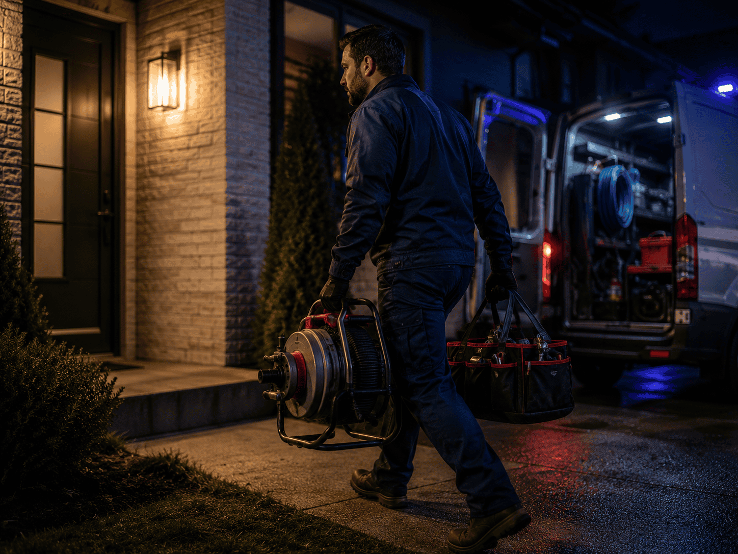 Plombier à Laval arrivant de nuit avec son équipement pour une intervention de plomberie urgente.