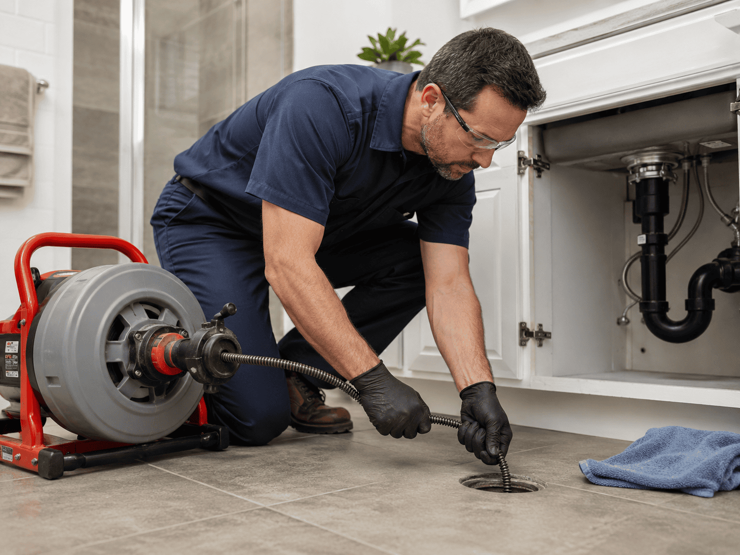 Plombier à Laval utilisant un équipement professionnel pour déboucher un drain résidentiel.