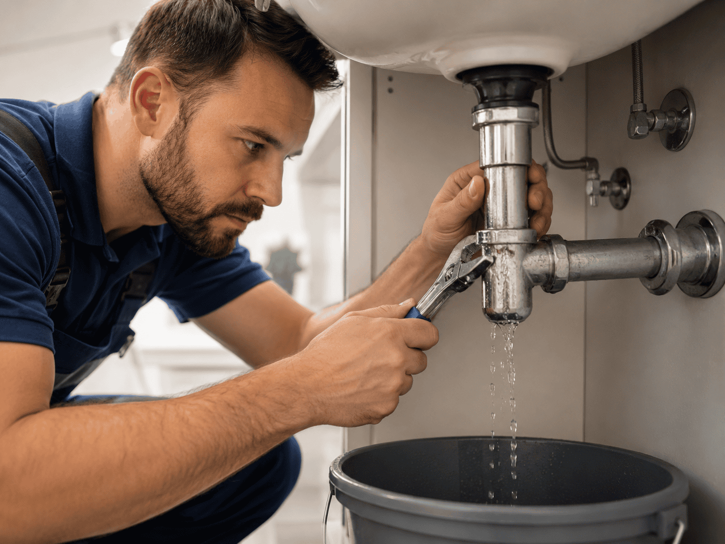 Plombier à Laval réparant une fuite d’eau sous un évier avec un seau pour recueillir l’eau.