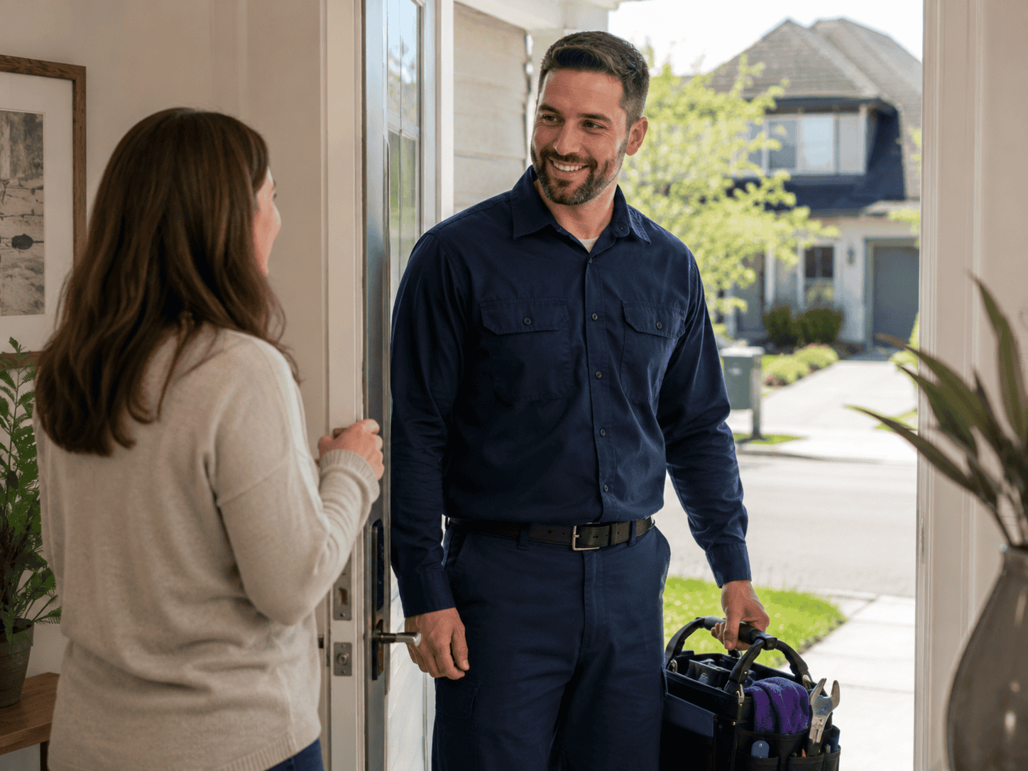 Plombier à Laval arrivant chez un client pour un service de plomberie résidentielle.
