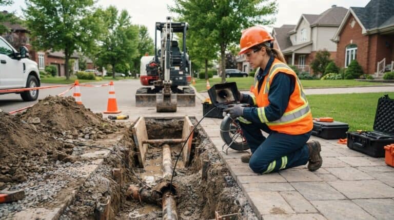 Excavatrice ouvrant une tranchée pour accéder à une conduite d’égout résidentielle
