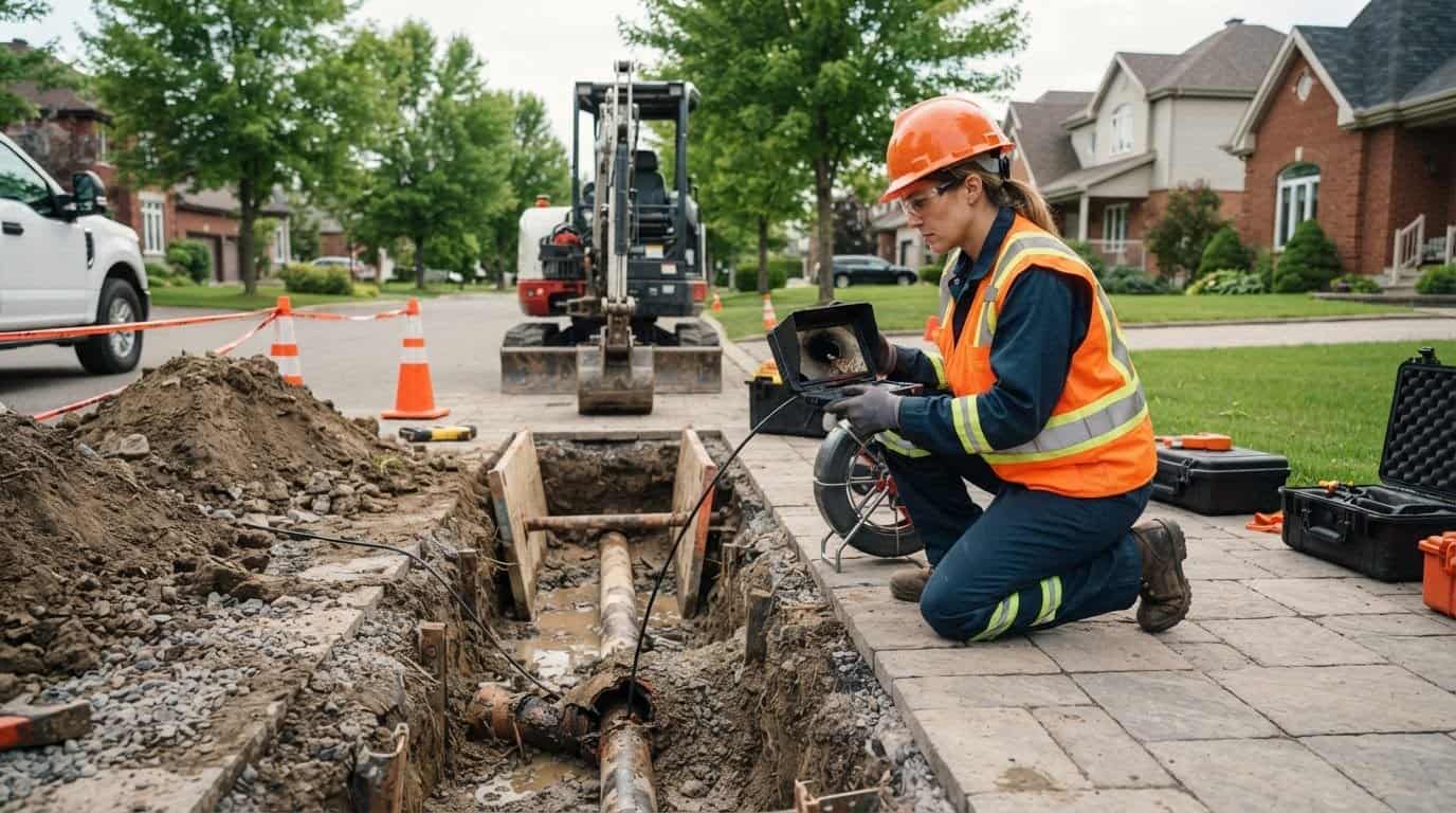 Excavatrice ouvrant une tranchée pour accéder à une conduite d’égout résidentielle