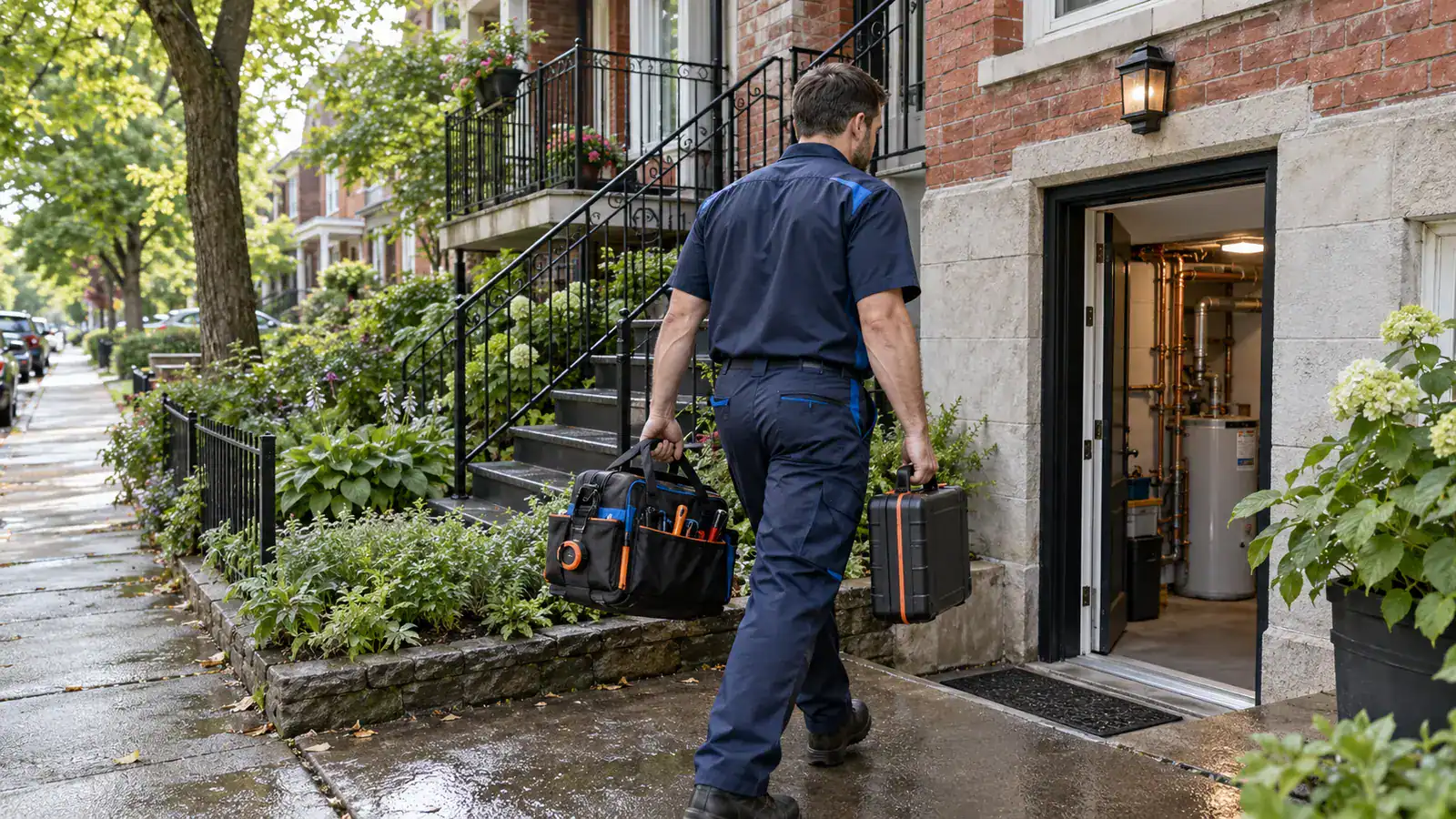 Plumber arriving for service at an Ahuntsic-Cartierville plex