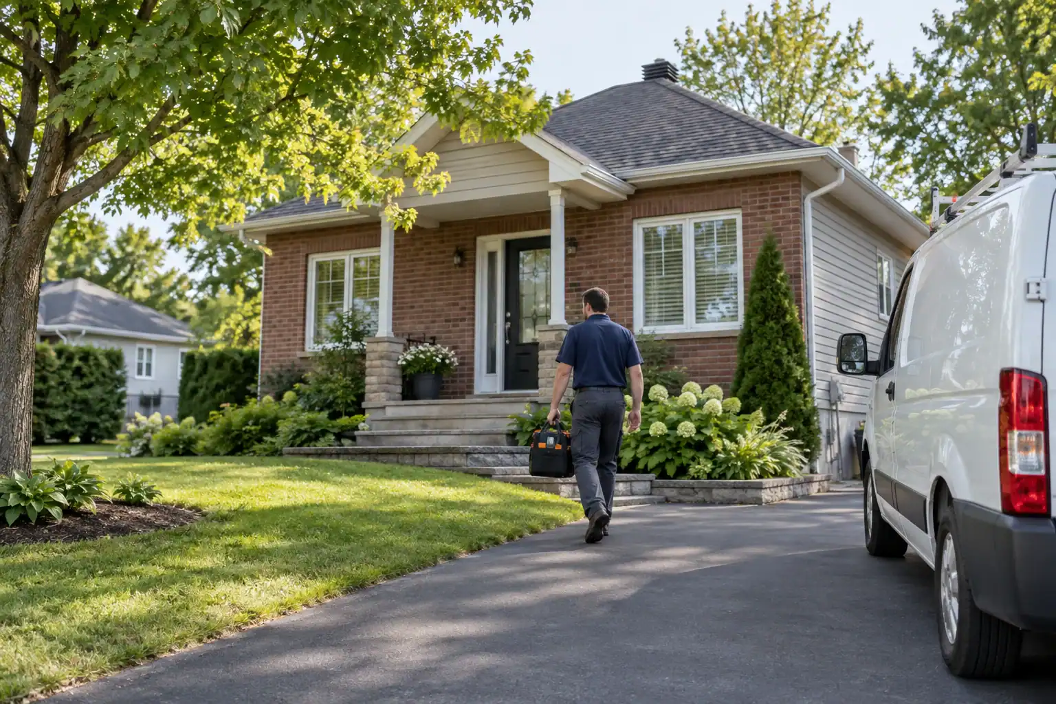 Plumber carrying a tool bag toward a brick house with a white service van in the driveway