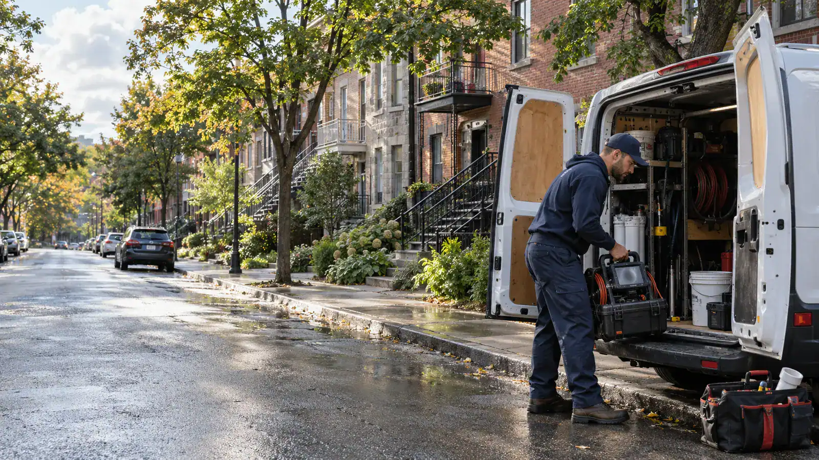 Plumber preparing drain inspection equipment in Côte-des-Neiges–Notre-Dame-de-Grâce