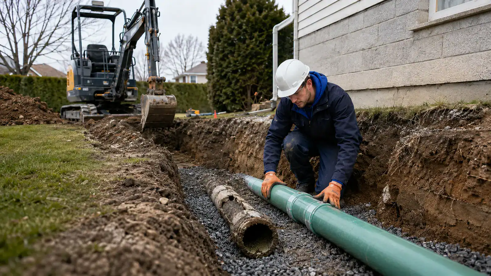 Plumber completing a sewer line repair in an excavated residential trench