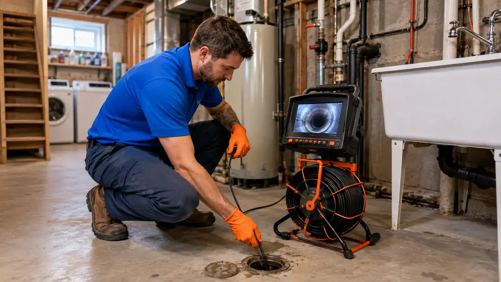 Plombier effectuant une inspection de drain par caméra dans un sous-sol résidentiel