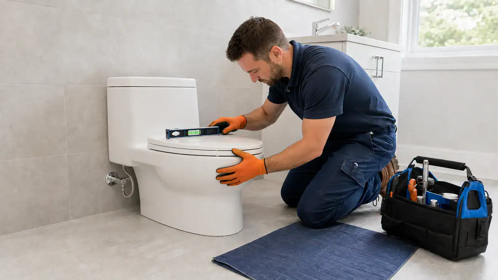 Plumber installing and levelling a new toilet in a residential bathroom