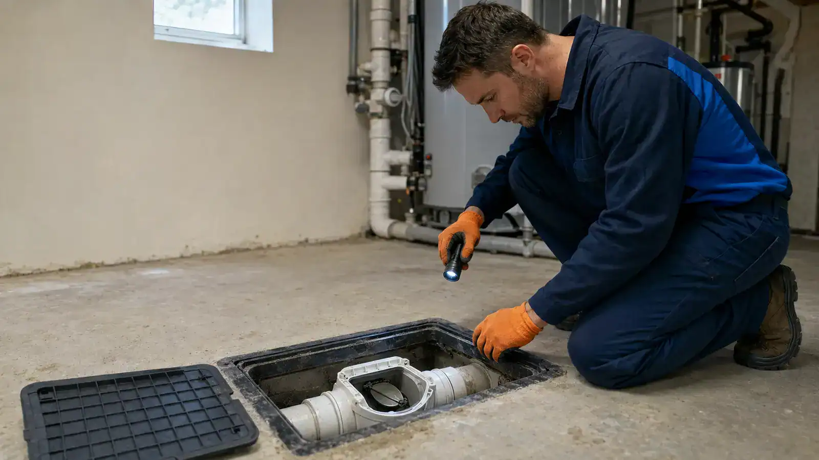 Plumber inspecting an accessible backwater valve in a basement floor