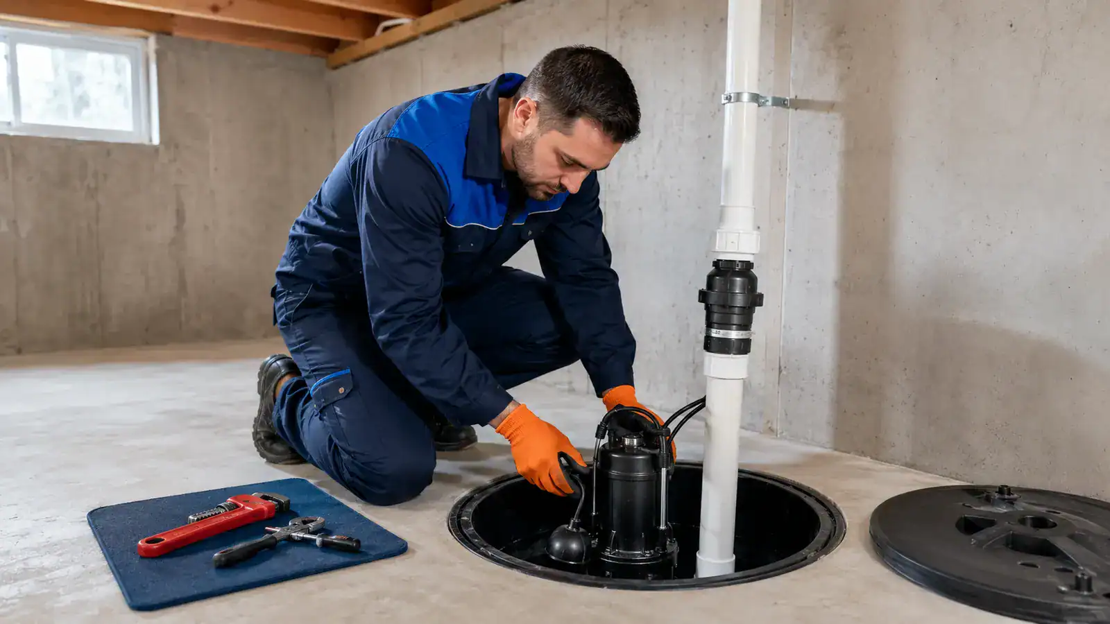 Plumber installing a sump pump in a residential basement
