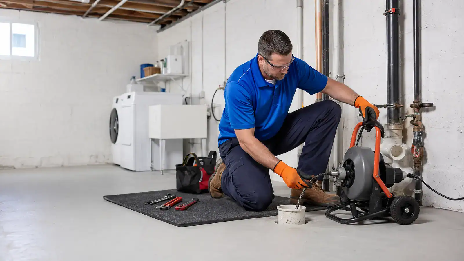 Plumber using a professional drain cleaning machine to clear a blocked drain