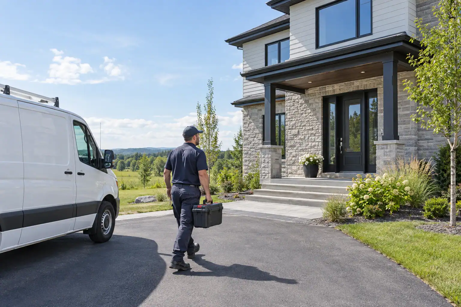 Plumber carrying a tool case toward a contemporary Mirabel home with a white service van