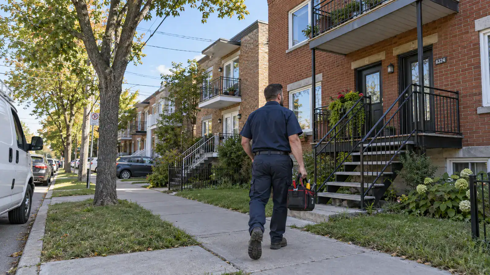 Plumber arriving at a brick duplex in a Montréal-Nord residential neighbourhood