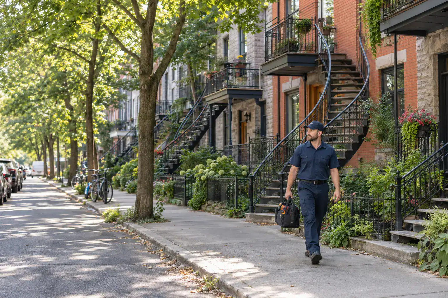 Plumber on a Plateau-Mont-Royal residential street lined with brick plexes and exterior staircases
