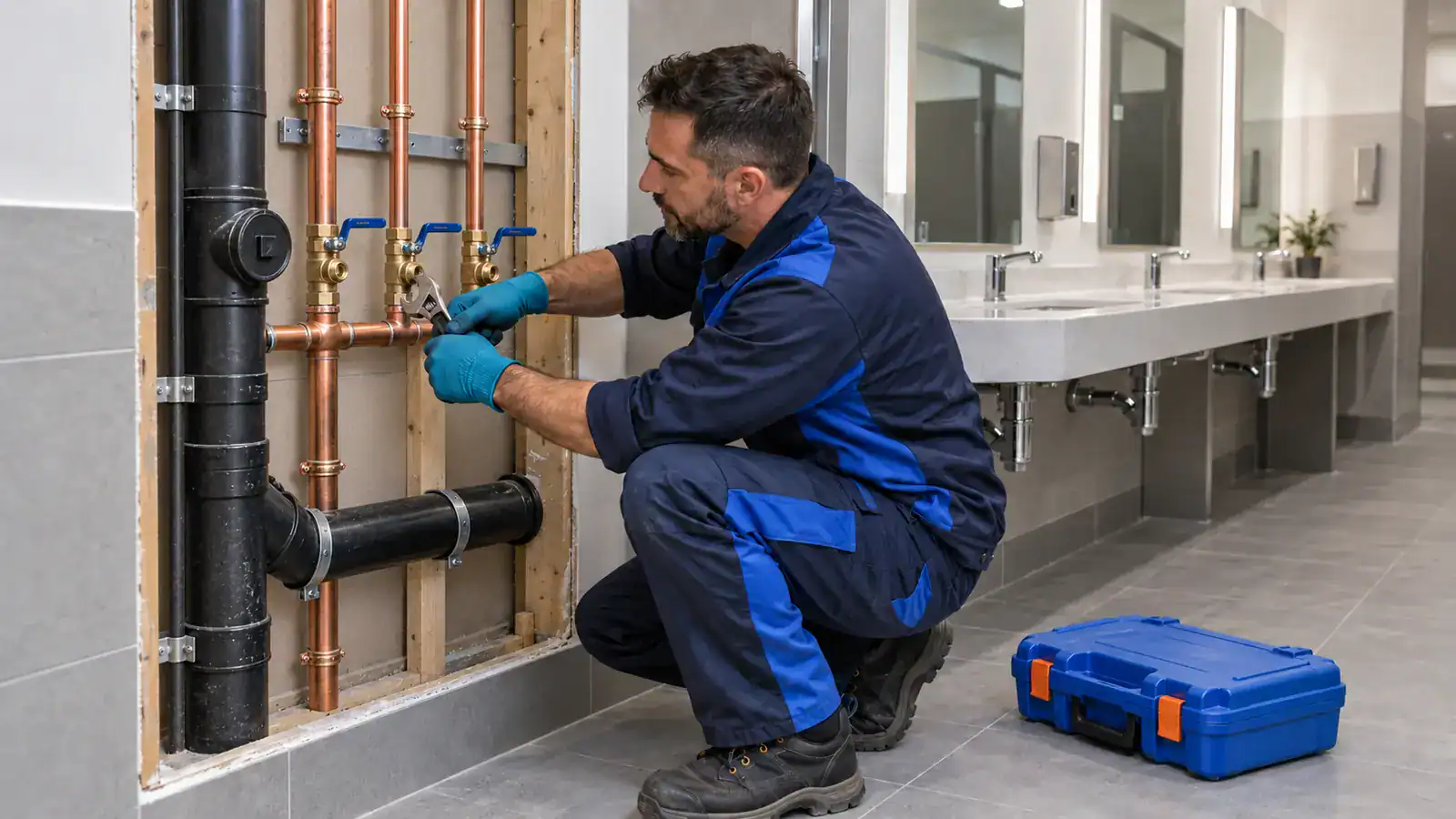 Plumber adjusting water pipes in a commercial restroom