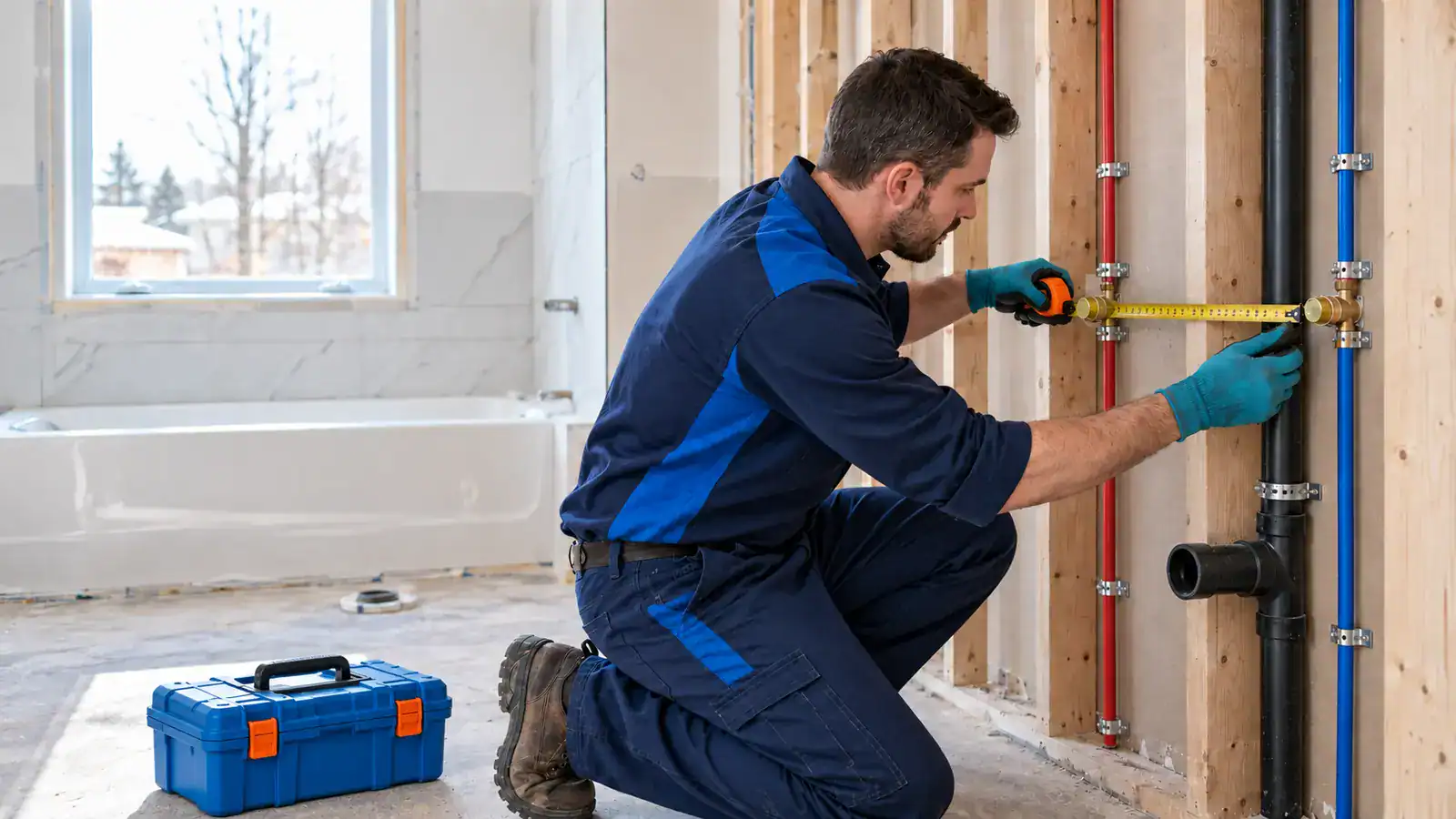 Plumber measuring bathroom piping during a residential renovation