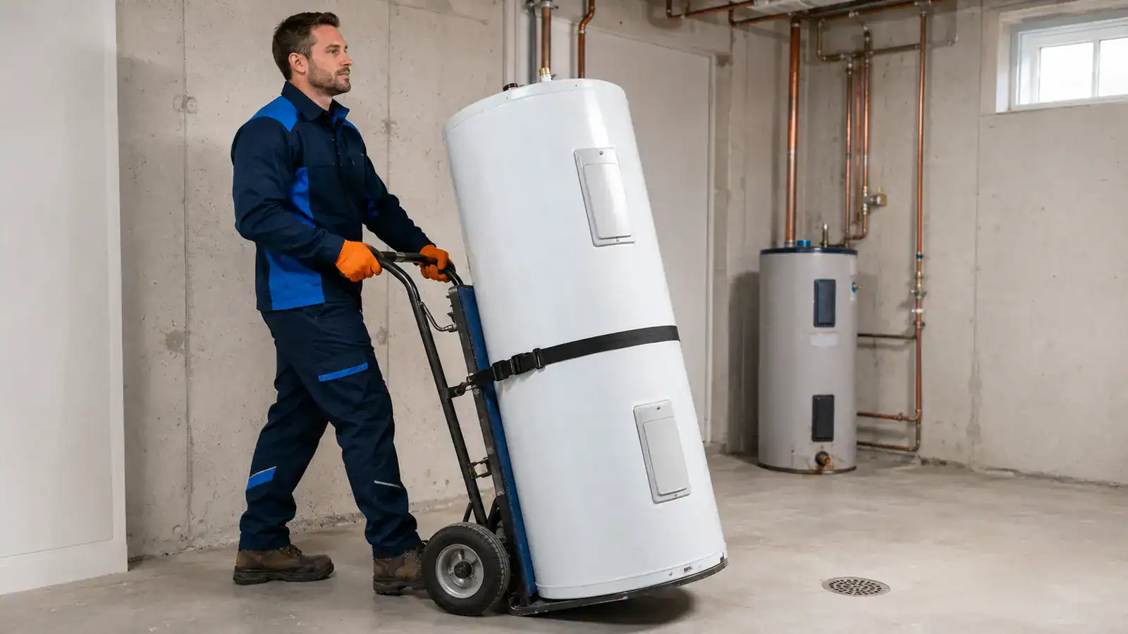 Plumber installing an electric water heater in a residential basement