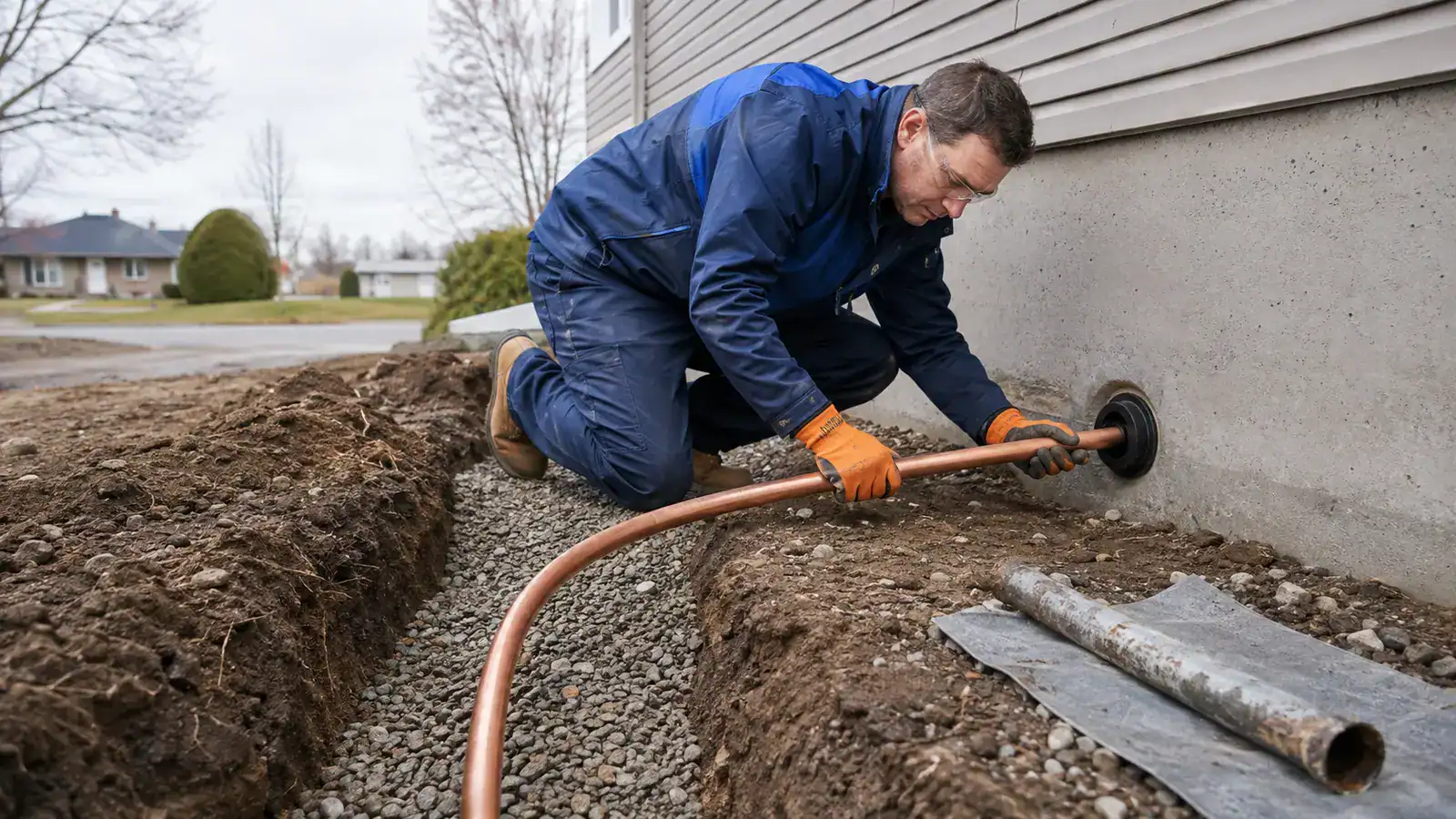 Plumber replacing a residential water service line with copper piping in a trench