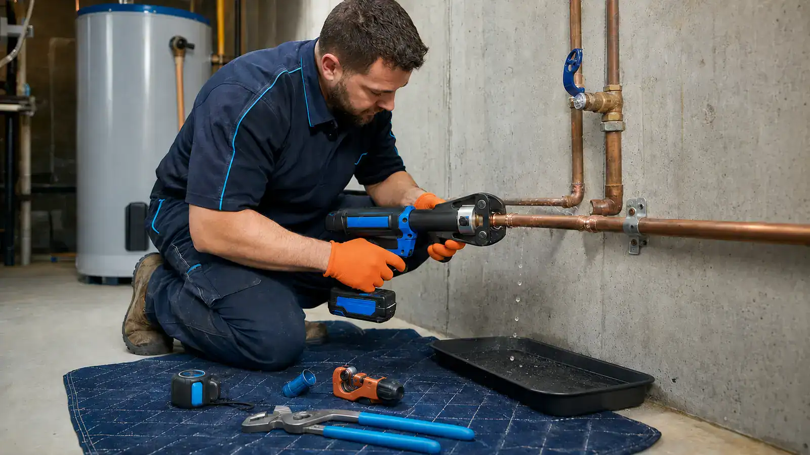 Plumber repairing a leak on a copper water supply line