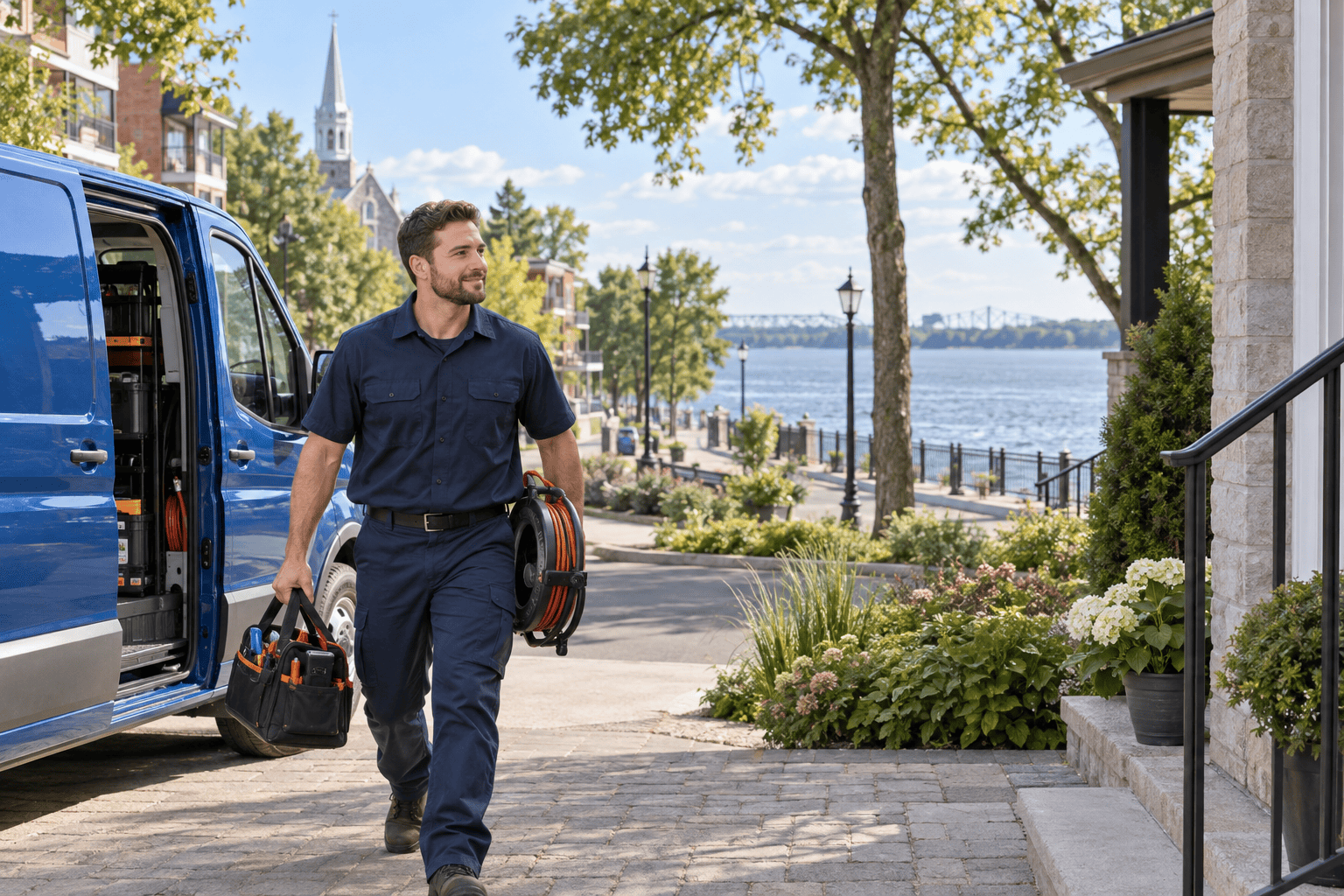 Repentigny plumber arriving with equipment near the St. Lawrence River