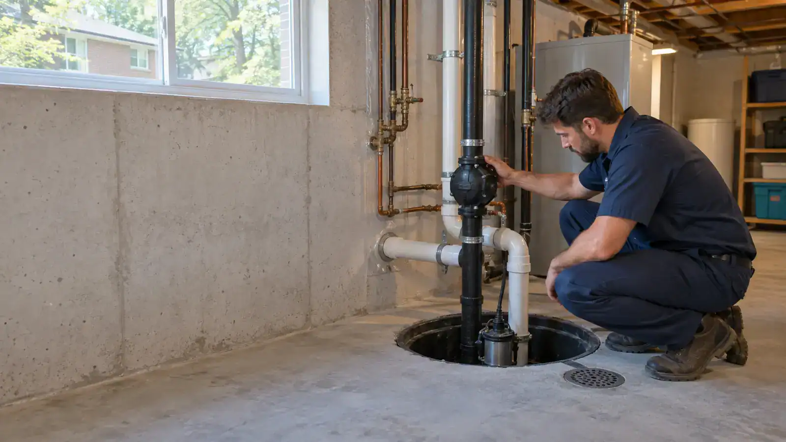 Plumber inspecting a sump pump in Rivière-des-Prairies–Pointe-aux-Trembles