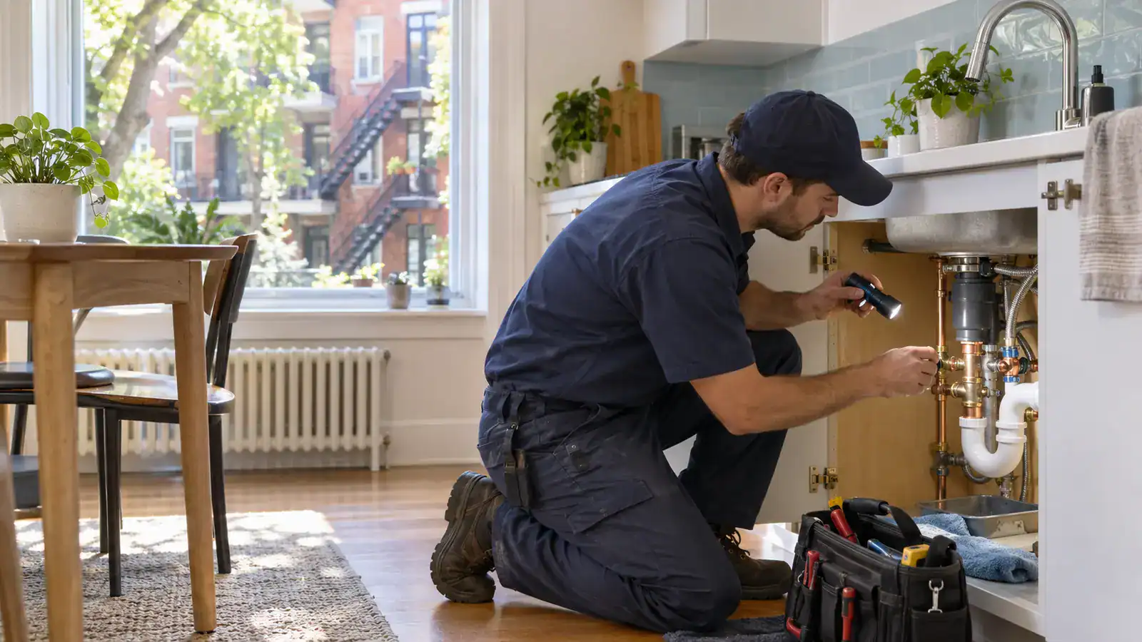 Plumber preparing drain inspection equipment in Rosemont–La Petite-Patrie