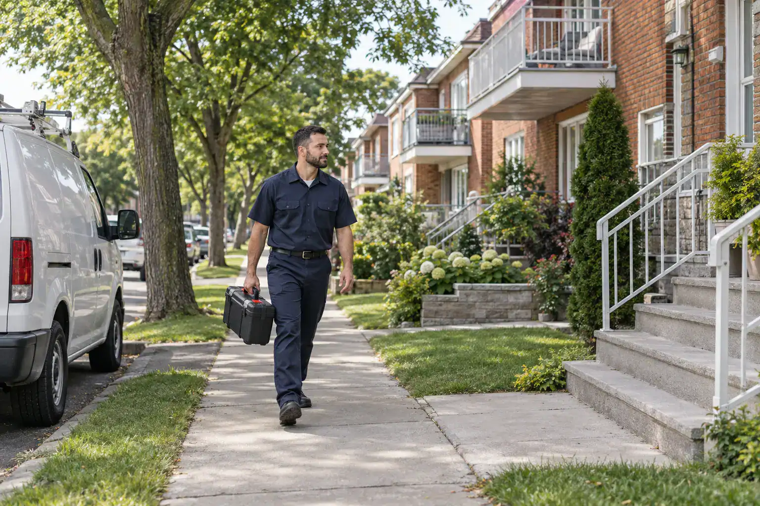 Plumber arriving for a service call on a Saint-Léonard street