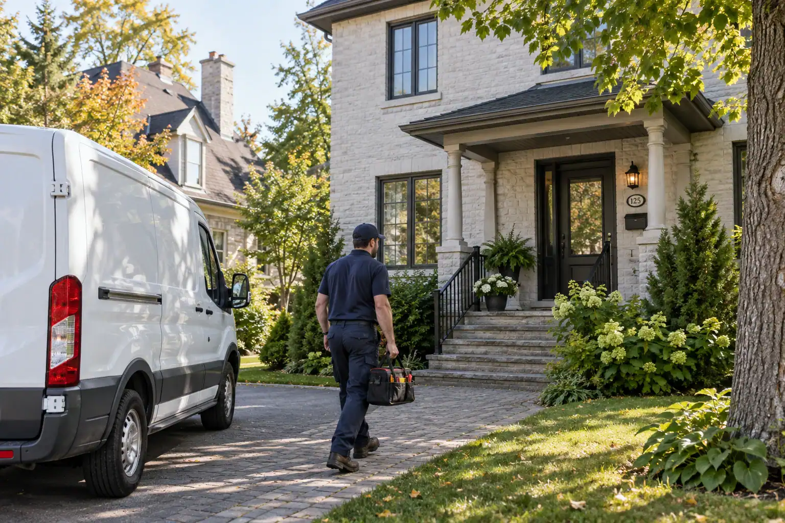 Plumber carrying a tool bag toward a two-storey Sainte-Thérèse home with a white service van