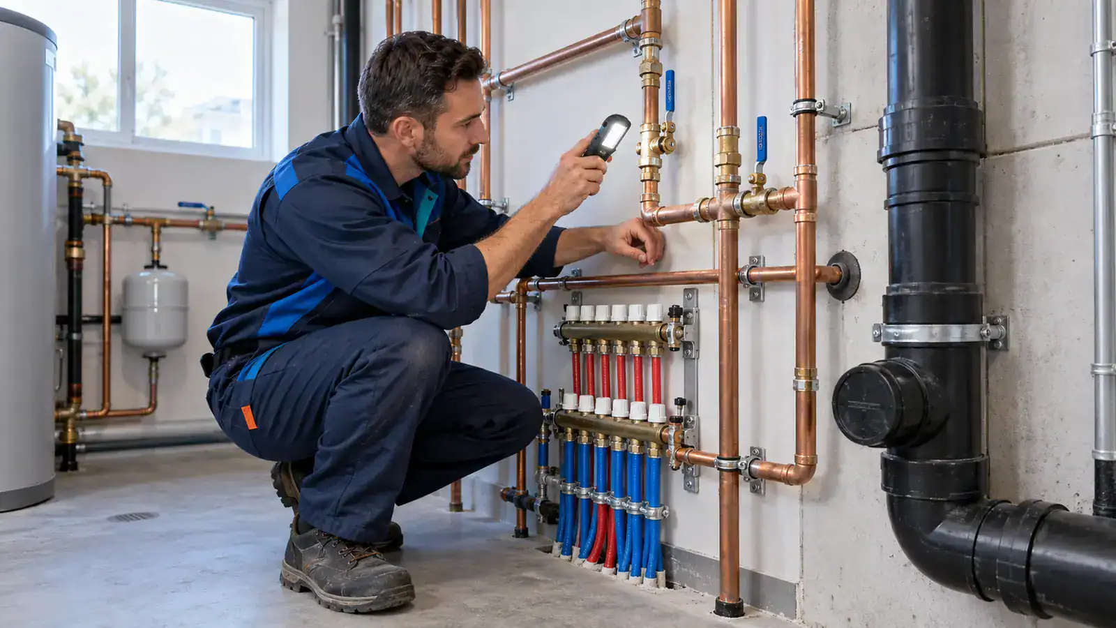 Plumber inspecting copper water pipes and shut-off valves beside a water heater.