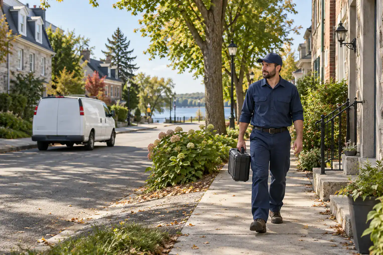Terrebonne plumber arriving with equipment on a neighbourhood street