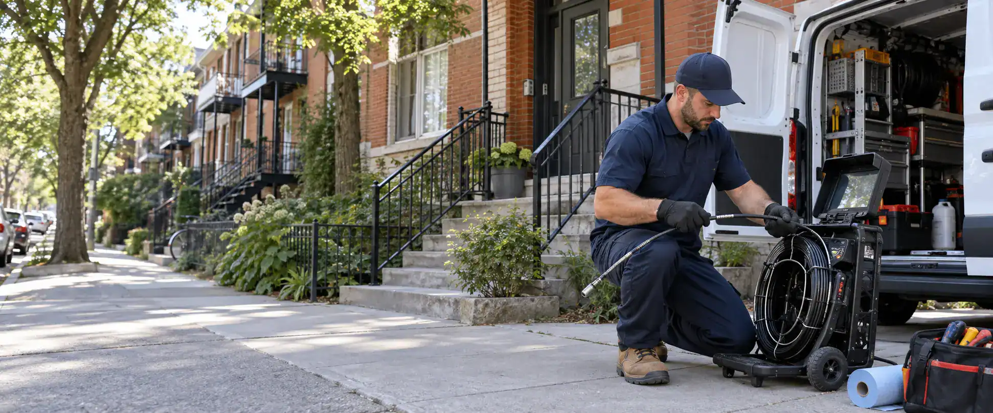 Plumber preparing drain inspection equipment in Villeray–Saint-Michel–Parc-Extension