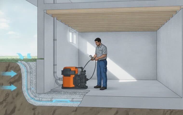 Eau accumulée sur le plancher d’un sous-sol après une forte pluie