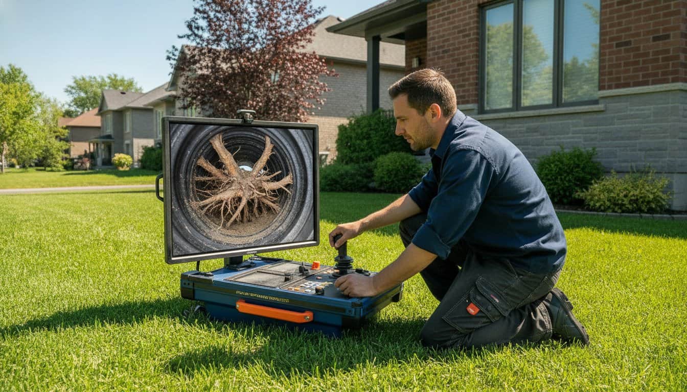 Racines visibles à l’intérieur d’une conduite d’égout lors d’une inspection