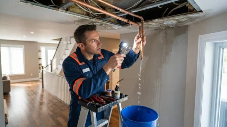 Leaking copper pipe located above a ceiling