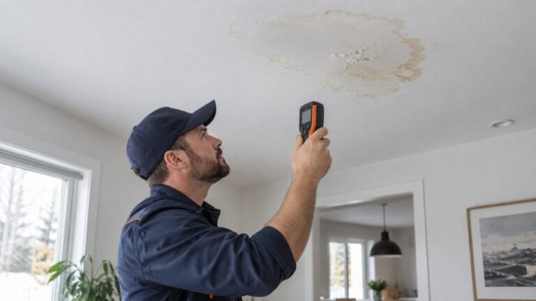 Plombier examinant une tache d’eau au plafond avec un appareil de détection