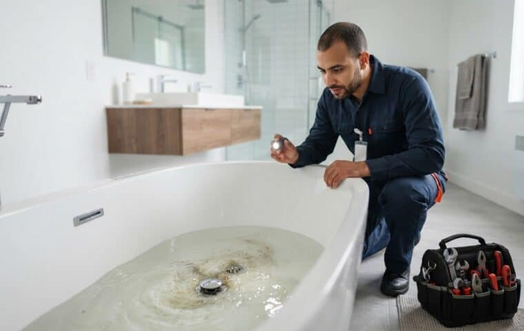 Plombier éclairant le drain d’une baignoire blanche contenant de l’eau et des résidus de cheveux.