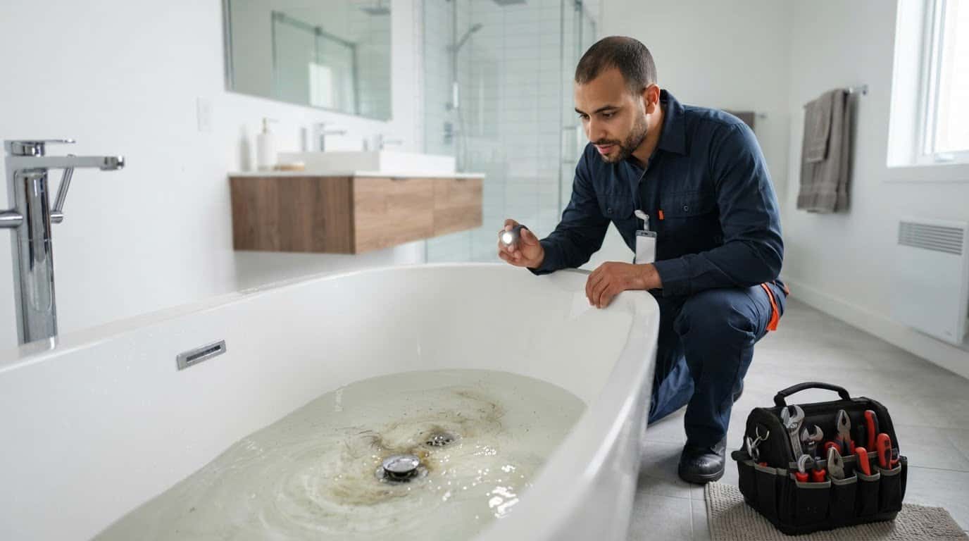 Plombier éclairant le drain d’une baignoire blanche contenant de l’eau et des résidus de cheveux.