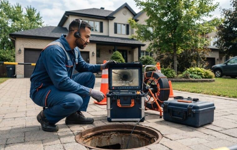 Technicien observant un moniteur de caméra de drain près d’un accès extérieur