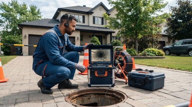 Technicien observant un moniteur de caméra de drain près d’un accès extérieur