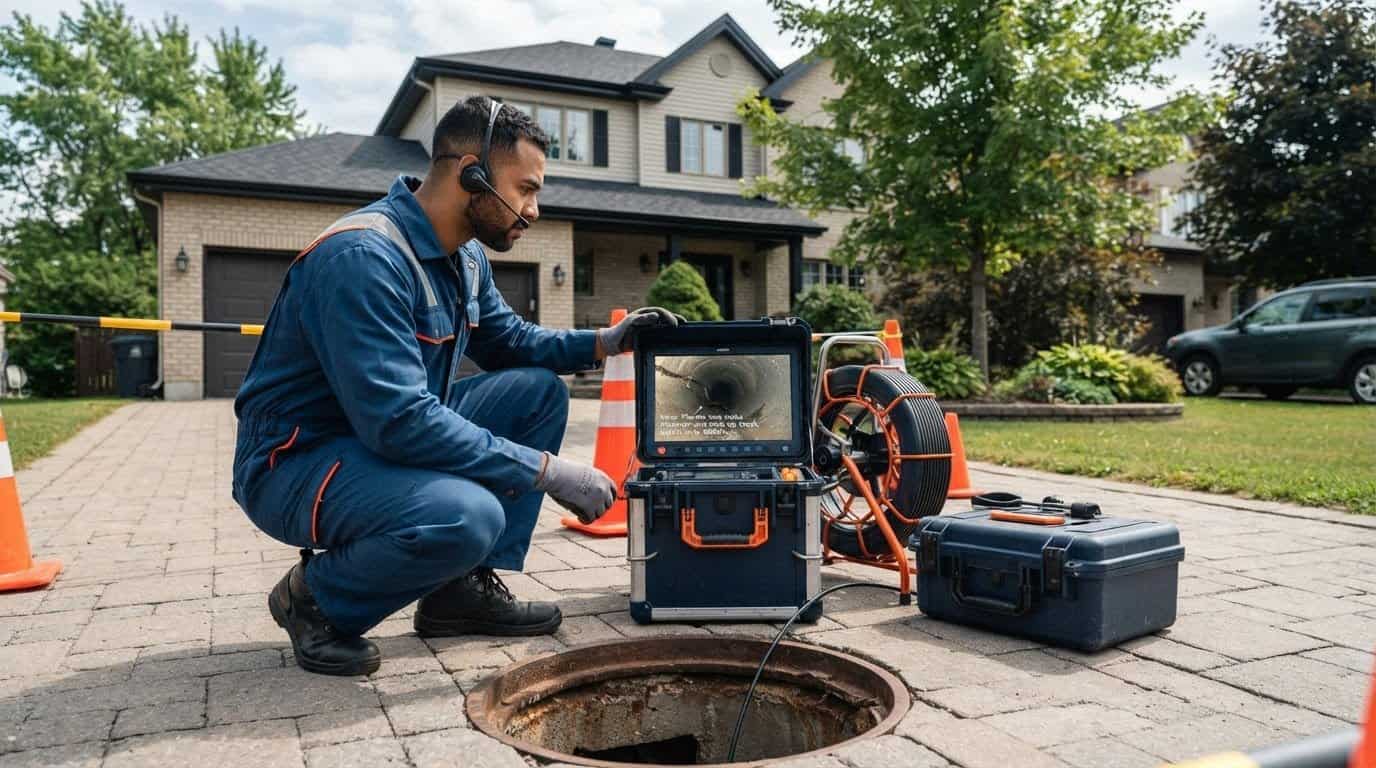 Technicien observant un moniteur de caméra de drain près d’un accès extérieur