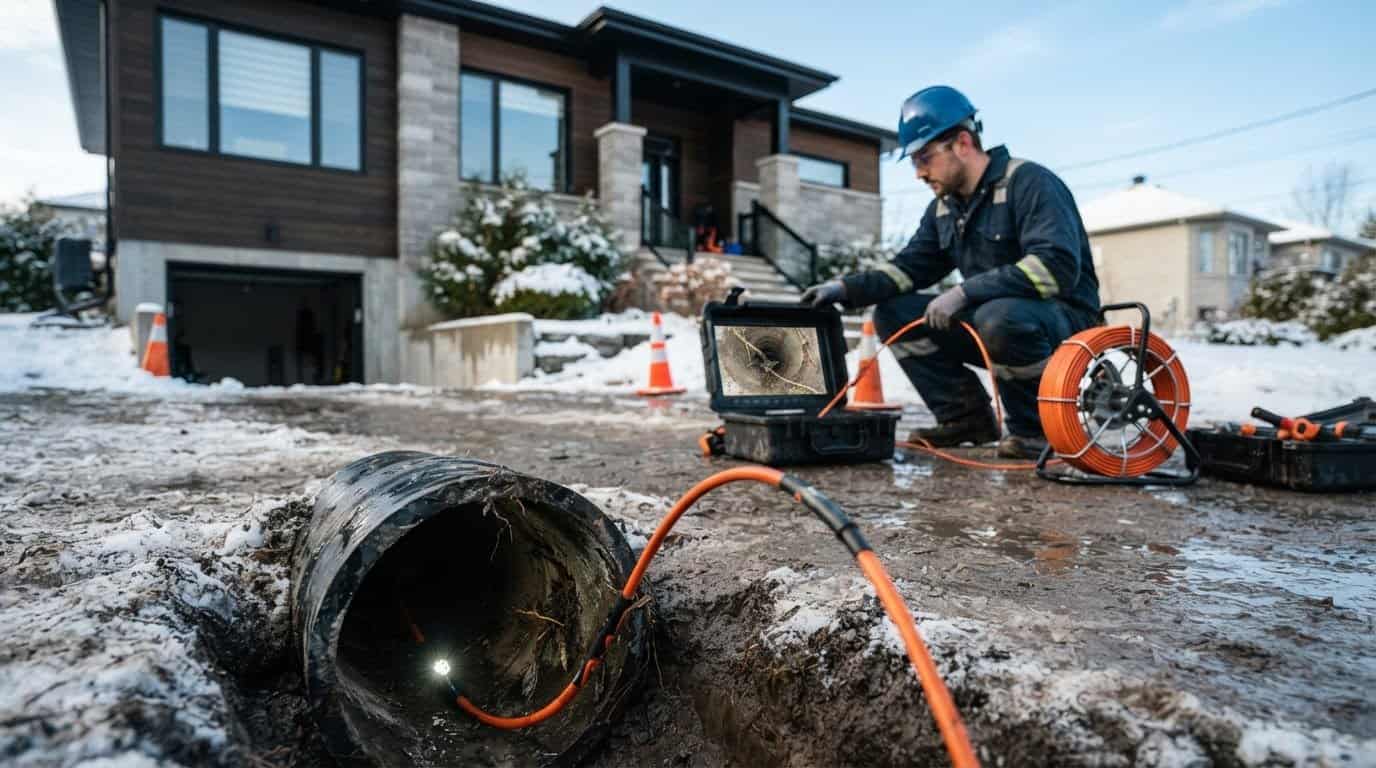 Technician beside a monitor and camera reel near an open pipe
