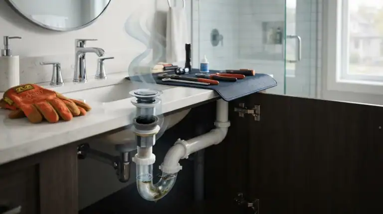 Lavabo de salle de bain avec meuble ouvert, outils sur le comptoir et odeur illustrée près de la bonde