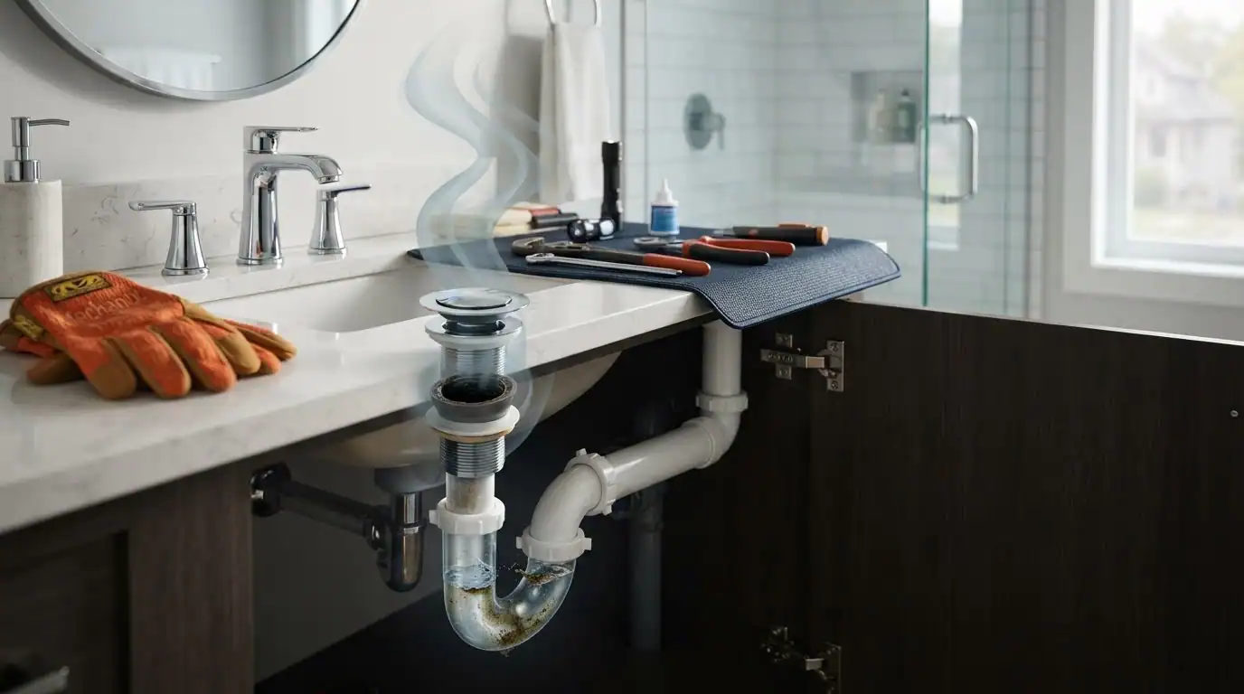 Lavabo de salle de bain avec meuble ouvert, outils sur le comptoir et odeur illustrée près de la bonde