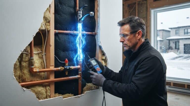 A man examines accessible copper pipes with a handheld instrument