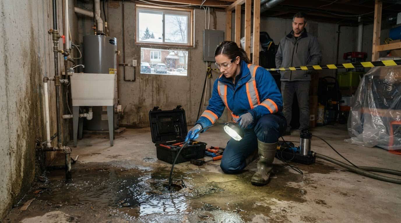 Eau remontant par un drain de plancher dans un sous-sol